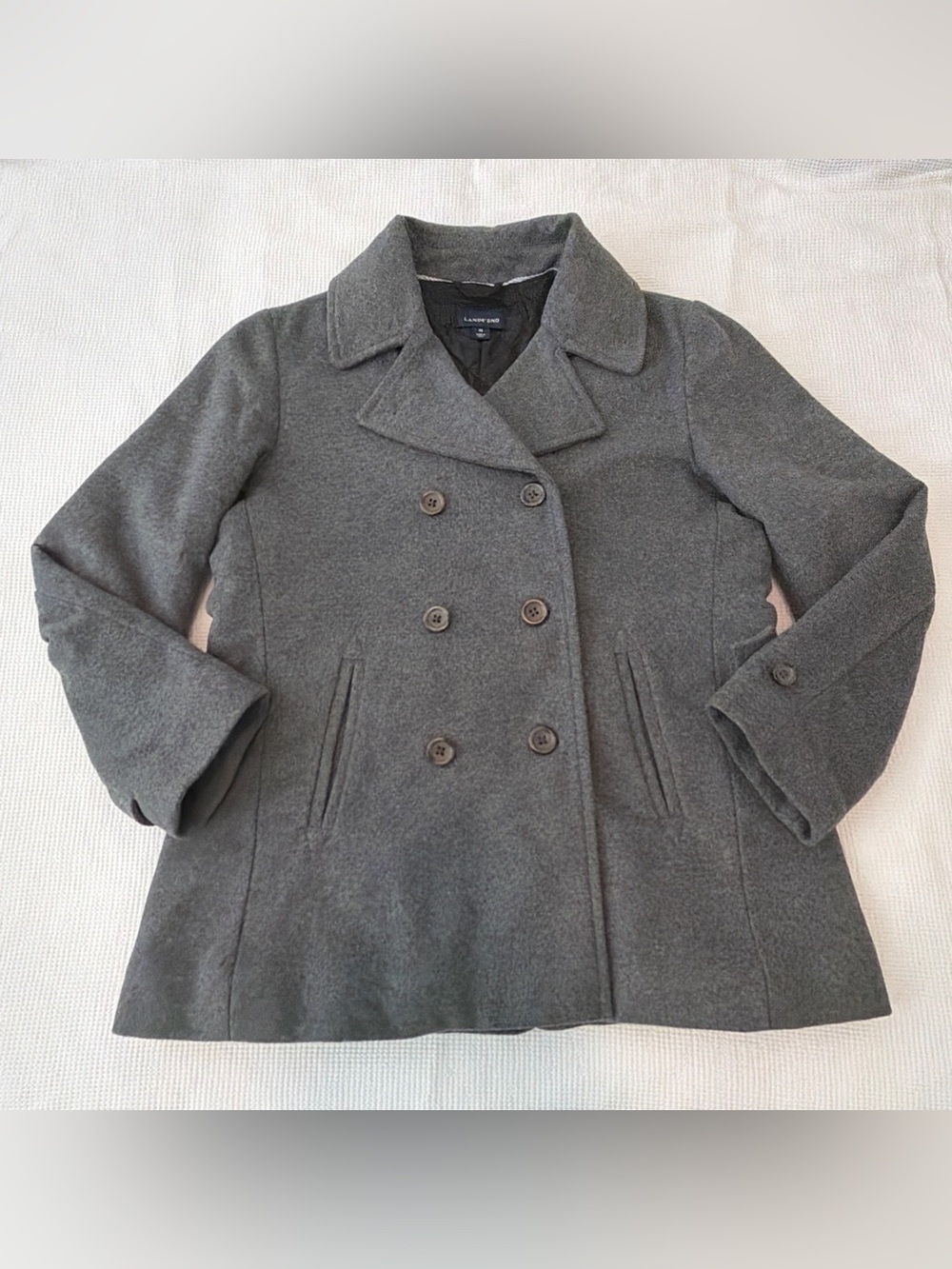 Lands' End Women's Wool Blend Charcoal Double-Breasted Peacoat